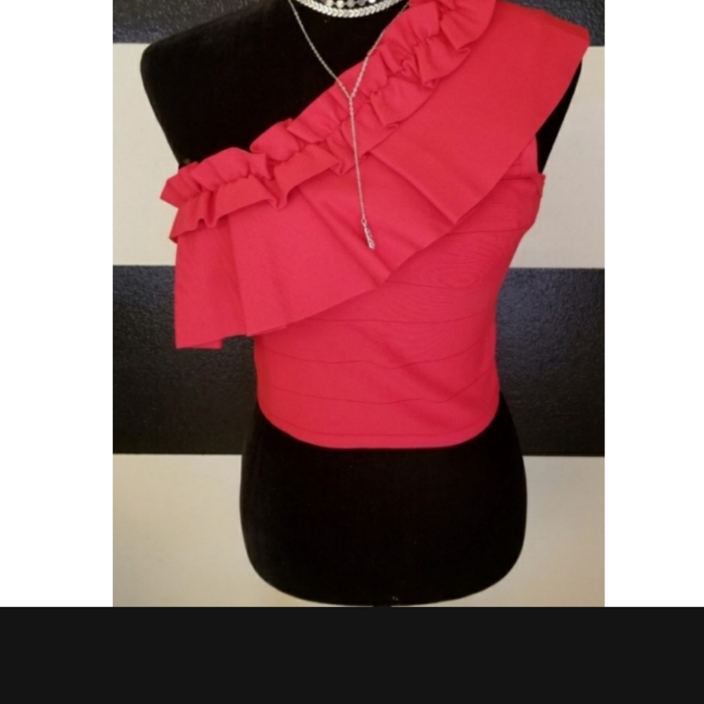 bebe Red One-Shoulder Ruffle Crop Top